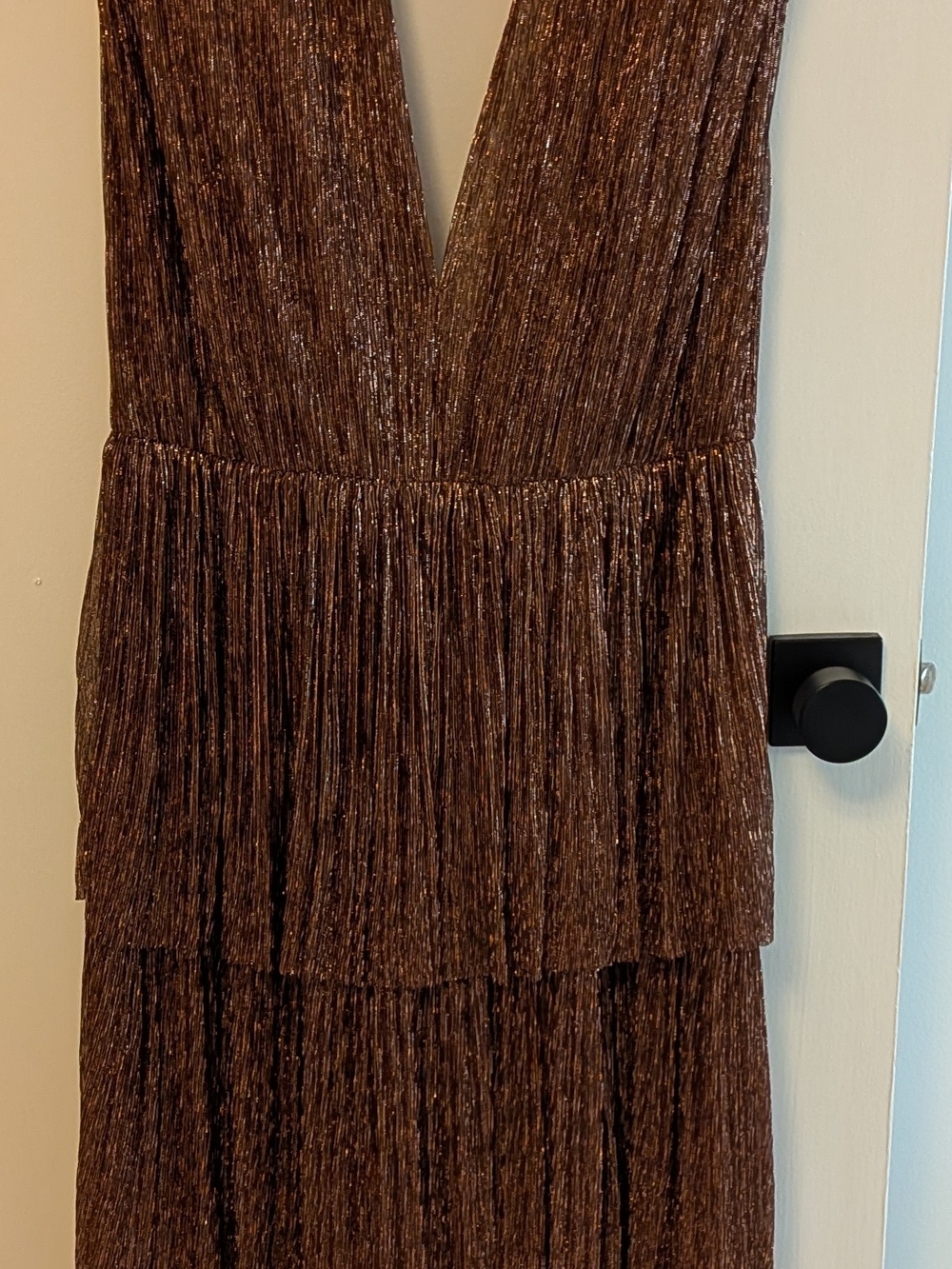 Sabina Musayev Metallic Brown Pleated Tiered V-Neck Dress